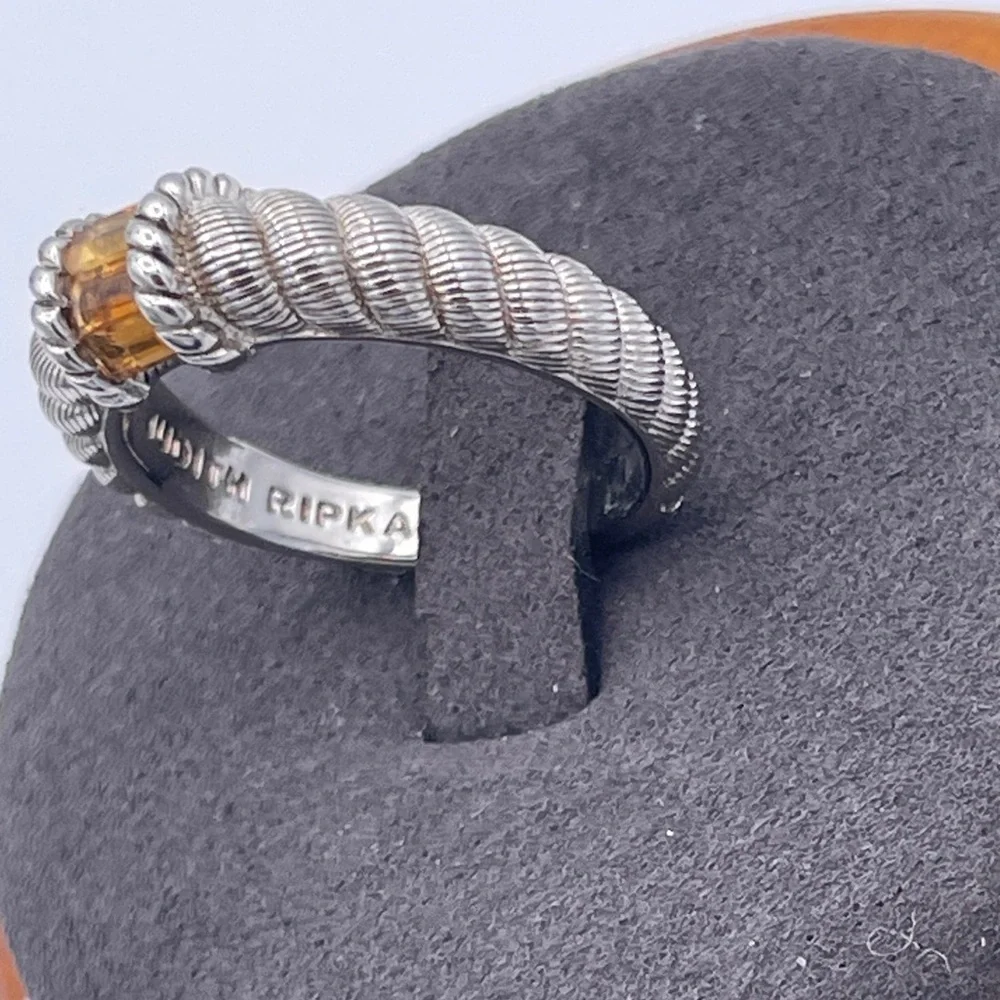 Judith Ripka Sterling Silver 925 Textured Ring Citrine Baguette Rhodium Plated
